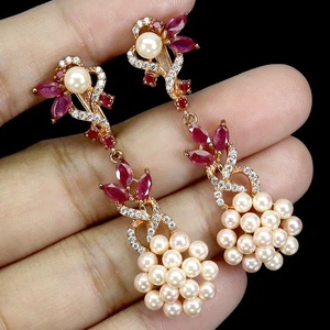 Black Friday Sterling Silver Earrings Marquise Ruby Pearl Natural Gem Jewelry - Picture 1 of 13