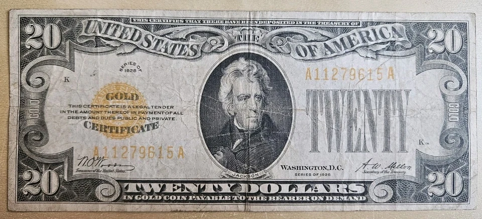 1928 $20 Gold Certificate FR2402 VF Very Fine Note Bill Problem Free Example - Image 1 of 3