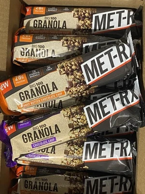 20 barras de proteína MET-Rx Big 100 28 g granola mantequilla de maní chispas de chocolate Foto 1 de 4