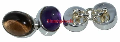 Amatista natural y cuarzo ahumado con gemelos de plata chapados en oro blanco de 18 quilates #75 Foto 1 de 4