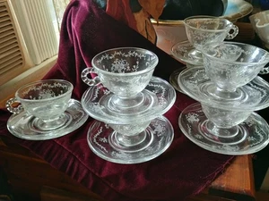 7 Sets Tasse & Untertasse Vintage Fostoria Kristallglas MAYFLOWER GEÄTZT   - Bild 1 von 3