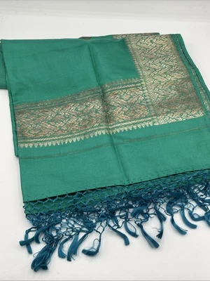 Mantón verde vintage envolvente seda tejido brocado/banarasi sari tela flecos 72x22 Foto 1 de 4