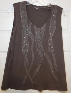 Ladies COLDWATER CREEK Chocolate Brown Tank Top w/ Beaded BLING, size L - Picture 1 of 1