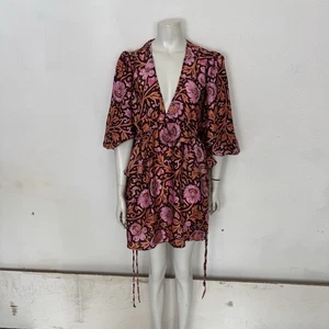 Topshop Size 12 Long Bell Sleeve Mini Dress Orange Pink Brown Hippy Psychedelic - Picture 1 of 8