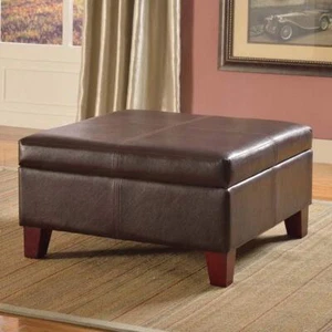 Luxury Large Brown Faux Leather Storage Ottoman Table Living Room Solid - Picture 1 of 5