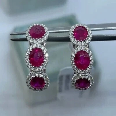 2Ct Oval Lab Created Red Ruby Women's Huggie Hoop Earrings 14K White Gold Plated - Image 1 of 4