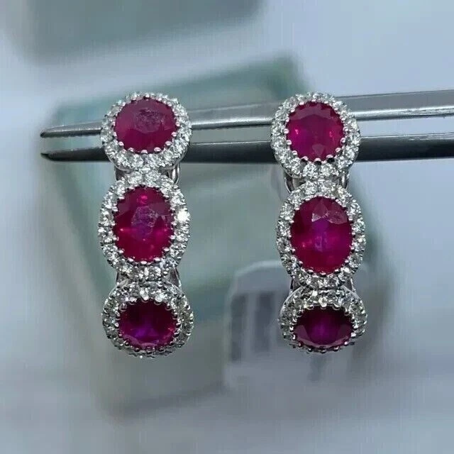 2Ct Oval Lab Created Red Ruby Women's Huggie Hoop Earrings 14K White Gold Plated - Image 1 of 4