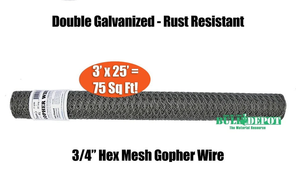 Protector de raíz de excavadora de 75 pies cuadrados doble galvanizado 3/4" malla de alambre hexagonal Gopher 3'x 25' Foto 1 de 4