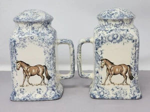 Vintage Ceramic Blue & White Spongeware Horse Salt & Pepper Shakers With Handles - Picture 1 of 8