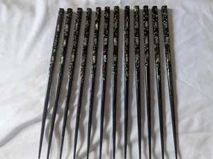 1960's Japanese Vintage Black Lacquer Abalone Inlay Chopsticks 6 pair/12 sticks - Picture 1 of 9