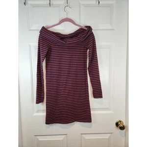 Juniors sz S Red Black Stripe Long Sleeved Off  Shoulder Tunic Shirt Forever 21 - Picture 1 of 4