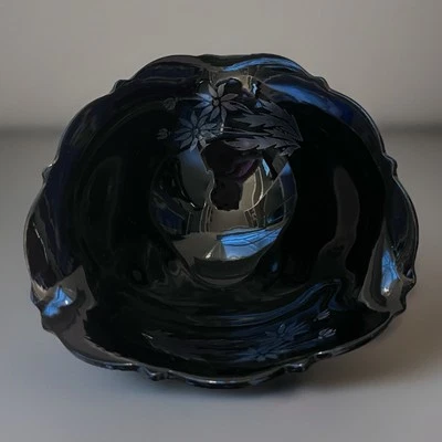 小号 L E Smith 玻璃银色雏菊黑色 3 脚趾碗 1920 年代装饰艺术 — 第 1/4 张图片