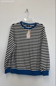 BTFBM Blue/White/Black striped long-sleeved shirt with a blue ribbed collar- S - Picture 1 of 5