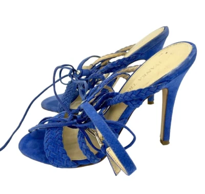Ivanka Trump Azul Gamuza Cuero Tirantes Tacones de Aguja Envoltura al Tobillo Talla 7.5 Sh08 Foto 1 de 4