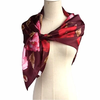 Vtg Italian Scarf Square Floral Burgundy Pink Polyester Rose Hand Rolled Hem - Изображение 1 из 4