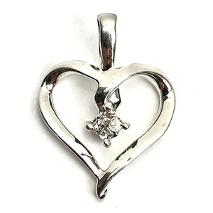 HDS 10k Solid White Gold 4 Diamond Heart Pendant 1/2”, .75g - Picture 1 of 11