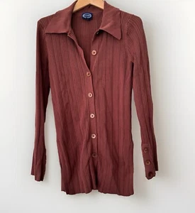 Womens Scoop Knit Button Front Shirt with Collar Brown Small Fall - Picture 1 of 6