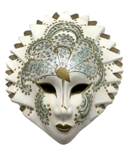 Venetian Ceramic Mask Gold Gilt Teal Peacock Made In Italy Artist Signed - Picture 1 of 6
