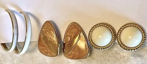 LOT 3 PAIR VINTAGE MONET CLIP EARRINGS, IVORY BUTTON, ENAMEL SWIRL, WHITE HOOPS - Picture 1 of 9