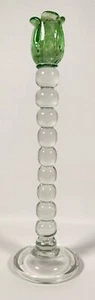 Glass Art Candlestick Clear Stacked Spheres Balls Green Tulip 15"H Heavy   A46 - Imagen 1 de 5