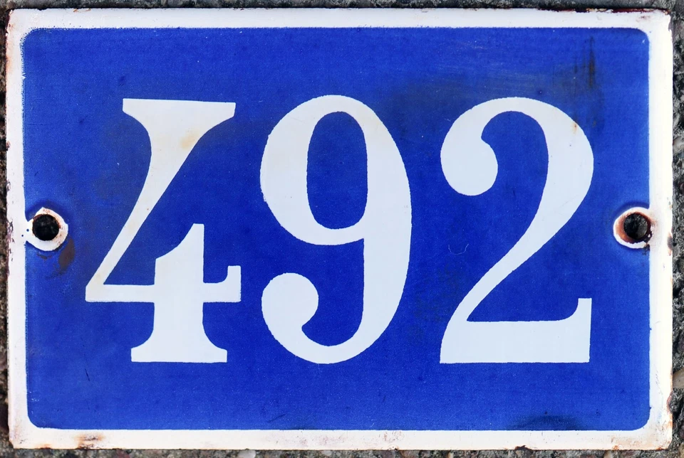 Old blue French house number 492 door gate plate plaque enamel metal sign steel - Image 1 of 1