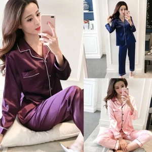 Womens Satin Pyjamas Ladies PJs Silk Long Sleeve Soft Nightwear Sleepwear Set - Picture 1 of 14