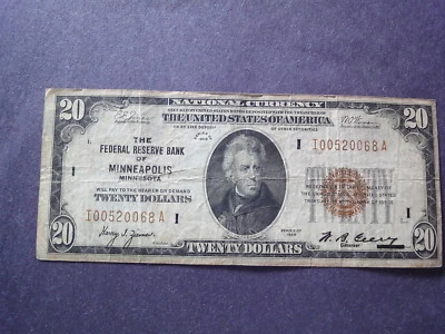 USA  1929  $20  Federal Reserve Bank  Minneapolis, Minnesota Free Shipping - Image 1 of 4