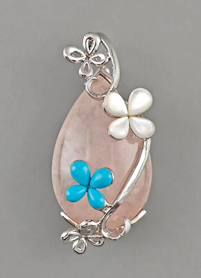 9923585 Pendente In Argento 925 Rosenquarz Turchese Madreperla 6,2x3cm Vintage - Immagine 1 di 3