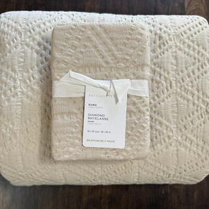POTTERY BARN DIAMOND MATELASSE QUEEN DUVET COVER 3PC SET (2) EURO SHAMS OATMEAL - Picture 1 of 11