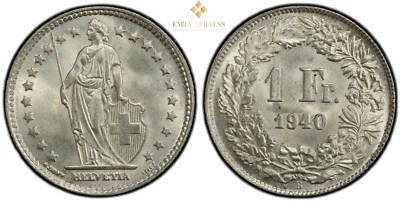 PCGS Certified: MS66, Switzerland 1 Franc 1940, with full mint luster, WW2/WWII. - Image 1 of 4