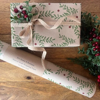 Christmas Wrapping Paper Foliage & Berries Kraft Gift Wrap Eco Xmas Sheet Roll - Image 1 of 2