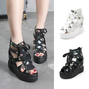 Fashion Women's Cut Out Sandals Platfrom Hidden Wedge Boots Floral Lace Up Shoe& - Picture 1 of 20