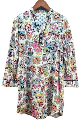 Camisa de noite Nick & Nora feminina pequena de algodão pijama PAISLEY CORUJA - Imagem 1 de 4