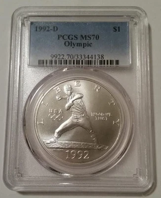 1992 D Olympic Commemorative Silver Dollar Baseball MS70 PCGS - Image 1 of 2