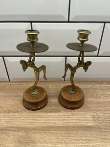 Pair Vintage Brass & Wood Base  Art Deco Nude Dancing Lady Nude Candlesticks - Picture 1 of 9