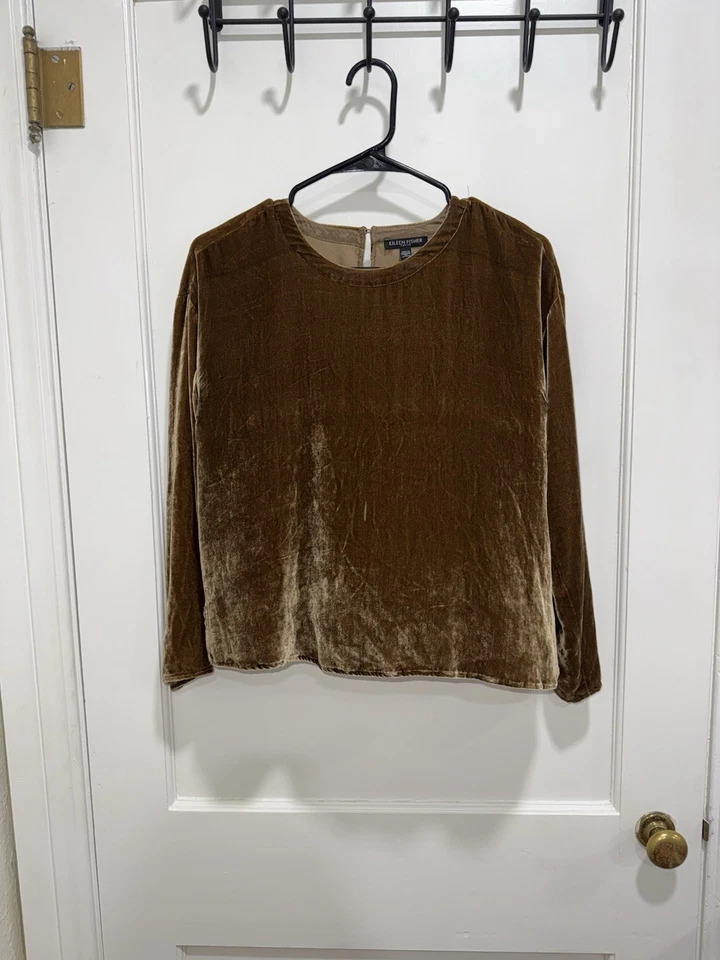 Eileen Fisher Petite Women’s Crushed Velvet Silk Gold Top Size PS Small - Image 1 of 4