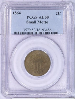 1864 Two Cent 2c PCGS AU50 - Small Motto - Image 1 of 2