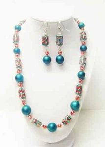 Rectangle Multicolor Ceramic w/Round Matte Teal Glass Bead Necklace/Earrings Set - Picture 1 of 5
