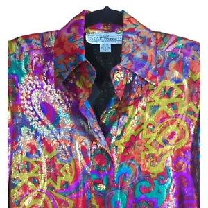 Saks Fifth Avenue Starington Metallic Foiled Silk Blouse Long Sleeve Sz 4 Top - Picture 1 of 22