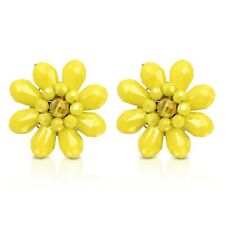 Colorful Tropical Garden Vibrant Yellow Crystal Flower Beaded Clip-On Earrings