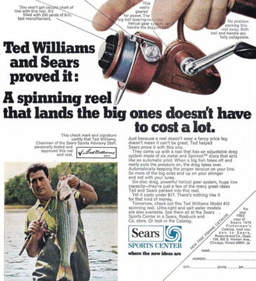 Carrete giratorio Sears Ted Williams 1970 impresión vintage anuncio modelo 410 carrete de pesca anuncio Foto 1 de 2