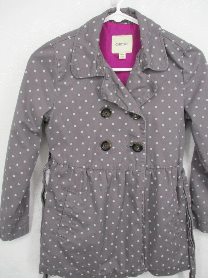 Cherokee Girl Coat Medium Gray Double Breasted Polka Dot Tie Waist Pocket Jacket - Image 1 of 4