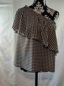 NWT BP Womens One Shoulder Ruffled Checked Top Blouse Black/White/Brown Size XS - Picture 1 of 9