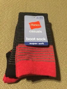 New Hanes Sz 5-9 Casuals Boot Socks 2 Pair Black Gray Stripes Red - Picture 1 of 5