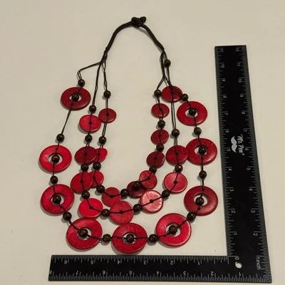 Collar llamativo de madera rojo en capas macramé cuentas boho tribal joyería para mujer Foto 1 de 4