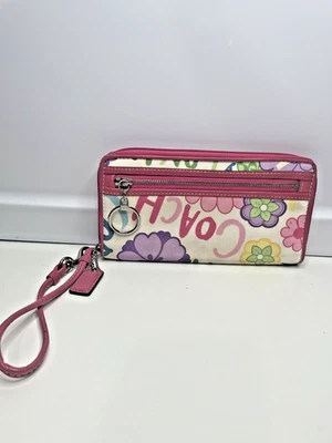 COACH Colorful Daisy Floral Graffiti Fabric Zip Wristlet Pink Leather Trim 8 x 4 - Image 1 of 4