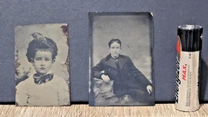 Lote (2) Fotos antiguas tipo lata de niños pequeños - Imagen 1 de 5