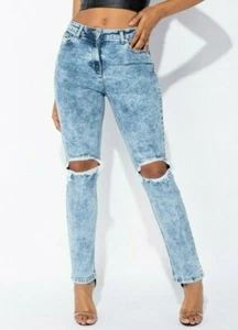 Womens High Waisted Ripped Stretch Straight Leg Denim Jeans Pants Trousers - Picture 1 of 10