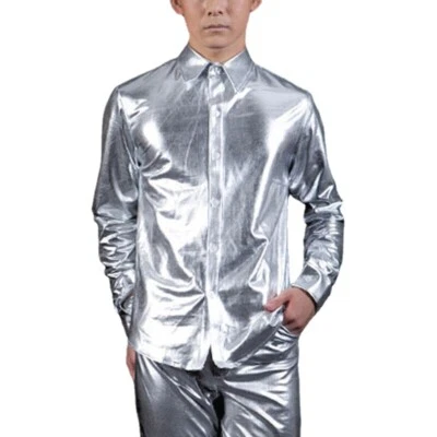 Men Party Metallic Faux Leather Shirt Jacket Loose Showman Costume Dance Tops - Image 1 of 4