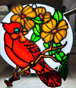 VTG Cardinal Sun Catcher Ornament Ruby Red, Branch w/3 White Dogwood Flowers EUC - Picture 1 of 6